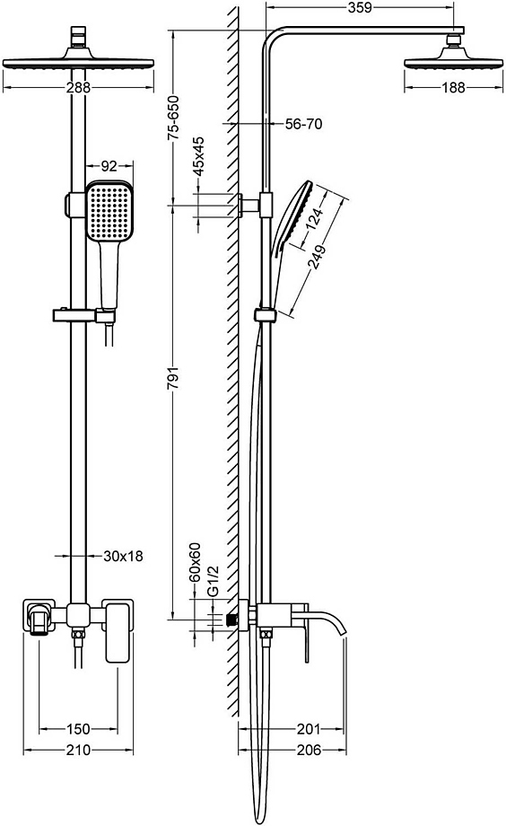 Selene SX-1013/00 с прямоугольной верхней душевой лейкой "Тропический дождь", хром