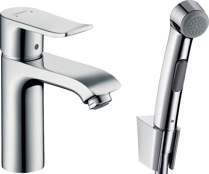 Смеситель для раковины с гигиеническим душем Hansgrohe Metris 31285000 со сливным клапаном Push-Open