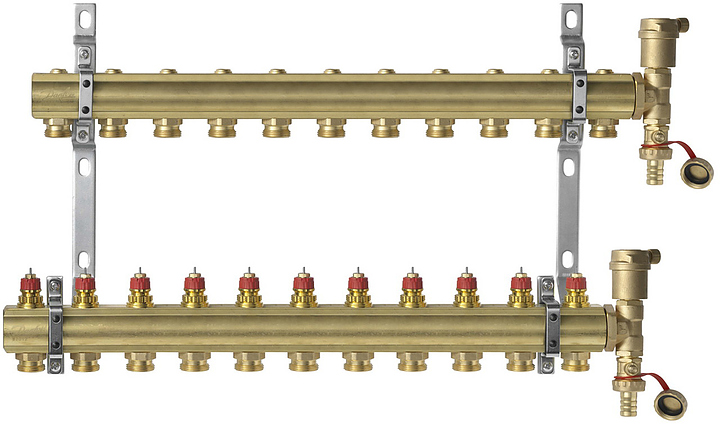 Группа коллекторная DANFOSS FHF-set 088U0711 1" ВР/ВР 11 вых 3/4" НР под евроконус с термостатическими клапанами