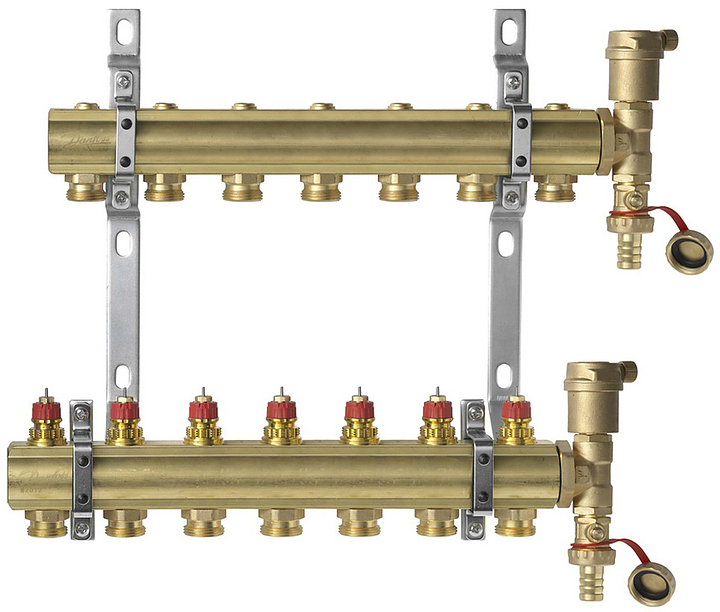 Группа коллекторная DANFOSS FHF-set 088U0707 1" ВР/ВР 7 вых 3/4" НР под евроконус с термостатическими клапанами