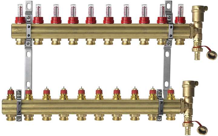 Группа коллекторная DANFOSS FHF-F set 088U0730 латунь 1" ВР/ВР 10 вых 3/4" НР с расходомерами