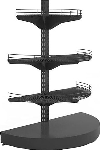 Стеллаж торцевой полукруглый низкий Евромаркет H=1320, G=500 с полками 2х400 мм, 1х300 мм, нижний цоколь, дополнительная стойка