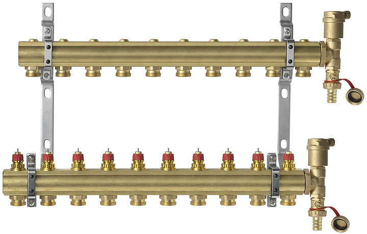 Группа коллекторная DANFOSS FHF-set 088U0710 1" ВР/ВР 10 вых 3/4" НР под евроконус с термостатическими клапанами