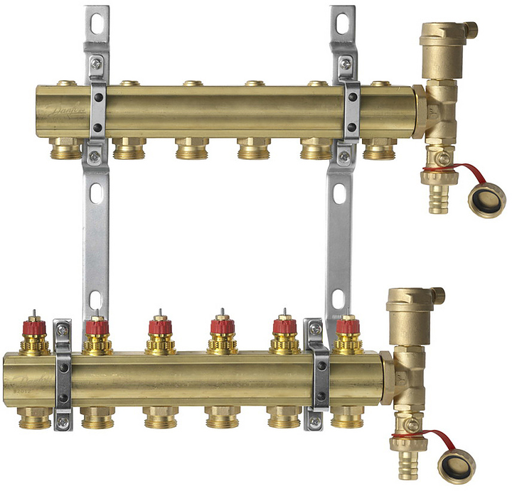 Группа коллекторная DANFOSS FHF-set 088U0706 1" ВР/ВР 6 вых 3/4" НР под евроконус с термостатическими клапанами