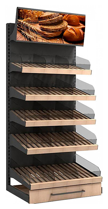 Стеллаж торговый для хлеба и булок Евромаркет L=1000, H=2130, G=700 с фризом